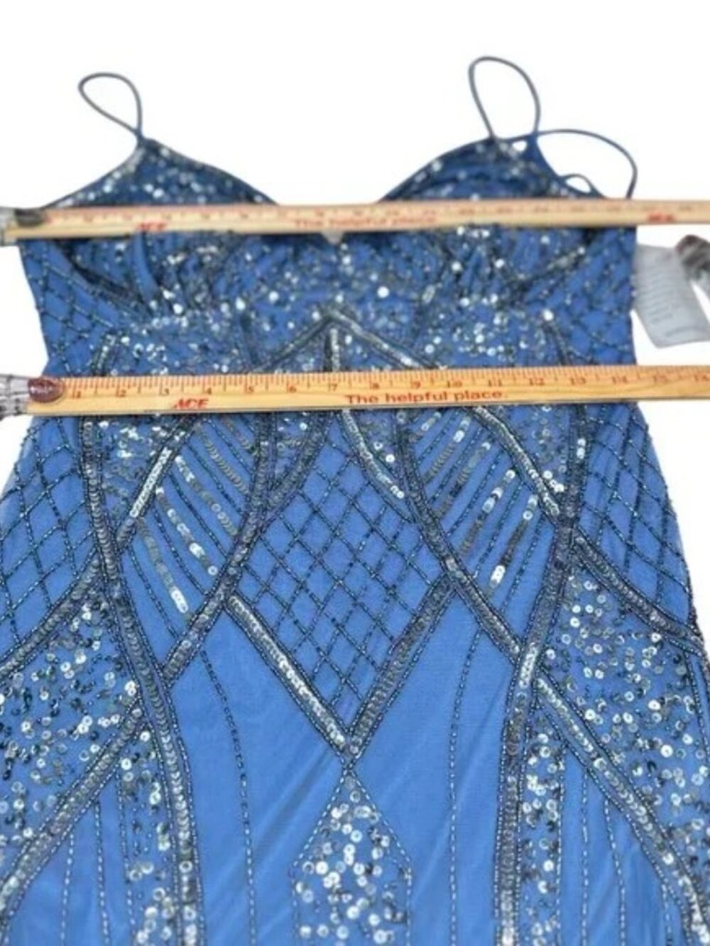 Jump Apparel Blue Beaded Dazzling Sequin Spaghetti Strap Gown Women’s Size 9/10 - Picture 11 of 13